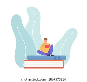 Scene of young reading man sitting on pile of books. Concept of education, studying and exam preparation process. Student with textbook. Flat vector illustration isolated on white background