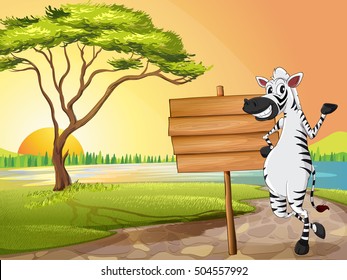 Scene with zebra and wooden sign illustration