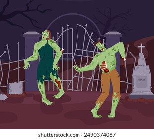 A scene with zombies on Halloween. Vector illustration of a man and a woman coming out of the cemetery gate among tombstones and dry trees at night