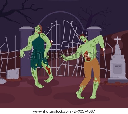 A scene with zombies on Halloween. Vector illustration of a man and a woman coming out of the cemetery gate among tombstones and dry trees at night