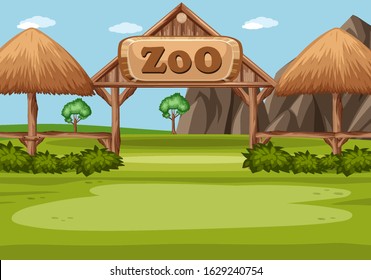 Scene with zoo sign in the green field illustration