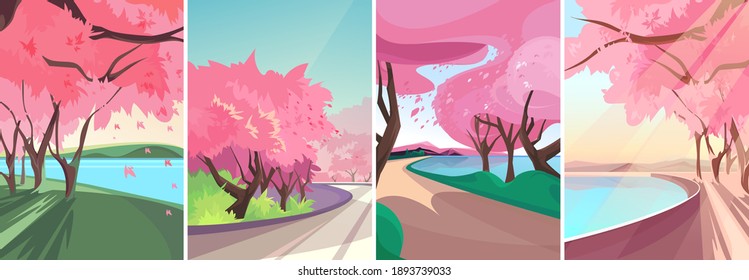 Sceneries with blooming sakura. Spring landscapes in vertical orientation.
