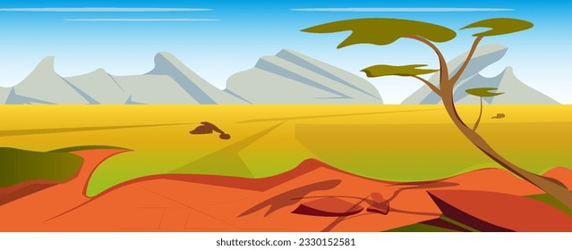 Scenery of African savanna, African wild nature, cartoon background with green trees, rocks and plain meadow under clear blue sky. Panoramic view of Kenya, parallax view, Vector illustration