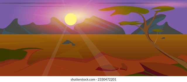 Scenery of African savanna, African wild nature, cartoon background with green trees, rocks and plain meadow under clear blue sky. Panoramic view of Kenya, parallax view, Vector illustration