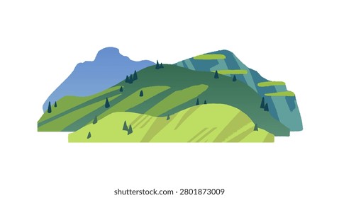 Scenery of alpine meadows. Landscape of hills with trees and high rocks. Hilly mountains with fields and green grass. Wild nature relief. Flat isolated vector illustration on white background