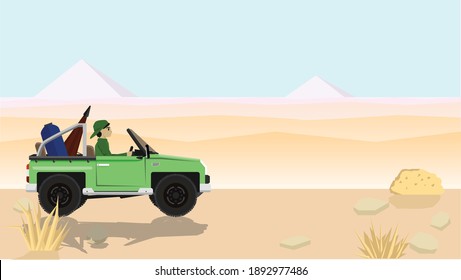 Scenery of the arid desert during the day. Man drives a car for the wilderness with travel equipment. Flat style vector illustration.