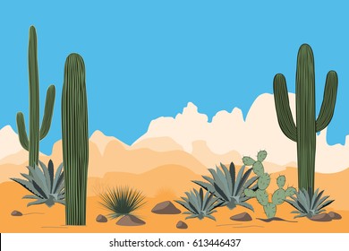 Scenery of the arid desert. Landscape with Saguaro cacti and blue agaves. View of mountains, clear blue sky in the background. Vector illustration