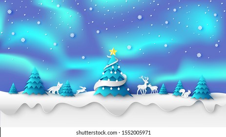 Scenery of aurora light and Christmas tree in winter night with wildlife in nature. Merry Christmas and happy new year. paper cut and craft style. vector, illustration.