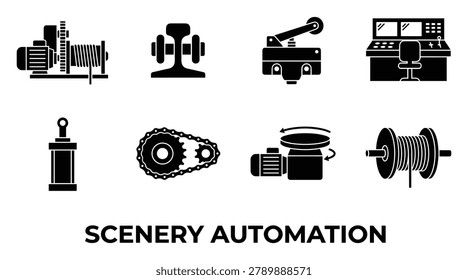 Scenery automation equipment set vector icons, includes winch, rail, switch, control desk, cylinder, chain, turntable.
