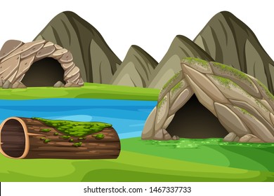 Scenery background of cave by the lake illustration