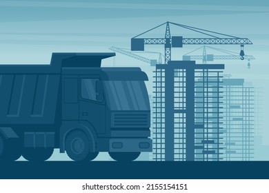 Scenery background of heavy machinery like dump truck, working in the building construction industry of a city