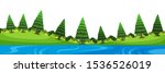 Scenery background of pine trees and river illustration