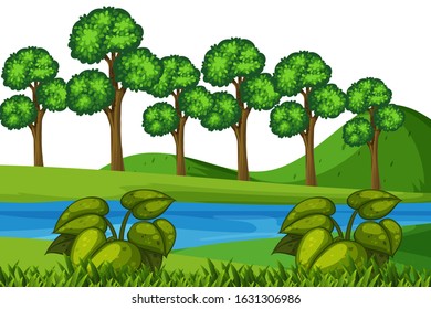 Scenery background of river and forest illustration