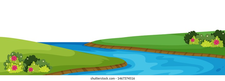 Scenery background of river and green grass illustration