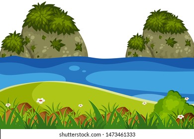 Scenery background of river with small hills illustration