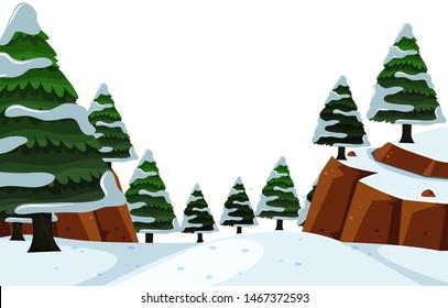 Fondo de la nieve en el horizonte sobre la ilustración de los árboles