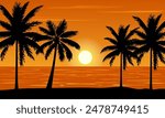 Scenery beach at sunset with sun and palm silhouette