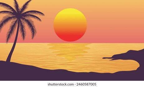 Paisaje playa al atardecer con sol y silueta de palma