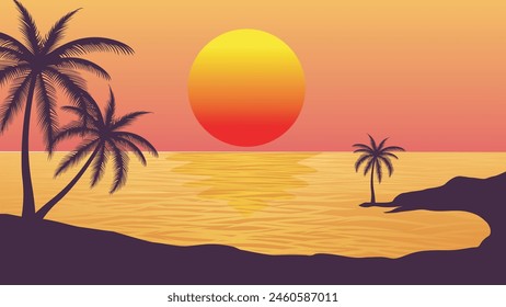 Scenery beach at sunset with sun and palm silhouette