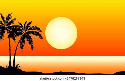 Paisaje playa al atardecer con sol y silueta de palma
