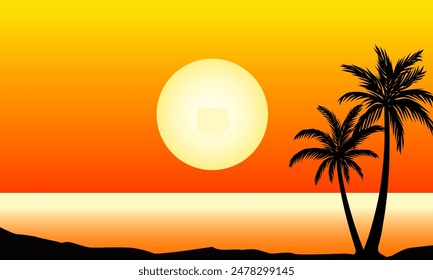 Scenery beach at sunset with sun and palm silhouette
