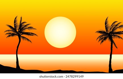 Landschaftsstrand bei Sonnenuntergang mit Sonne und Palmensilhouette
