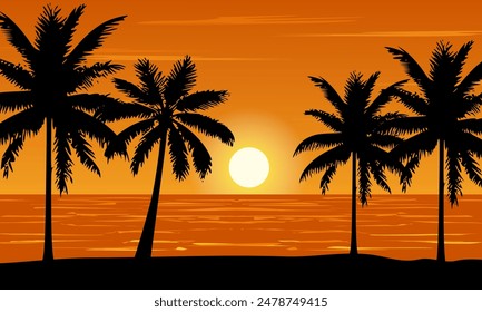 Scenery beach at sunset with sun and palm silhouette