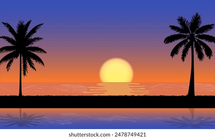 Scenery beach at sunset with sun and palm silhouette