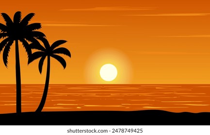 Scenery beach at sunset with sun and palm silhouette