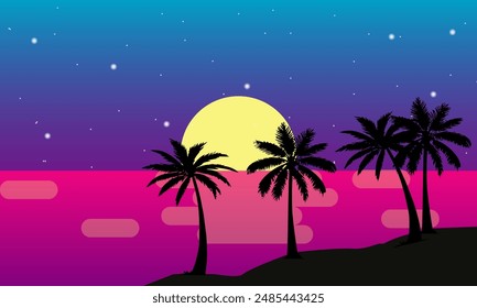 Scenery beach at sunset with sun and palm silhouette