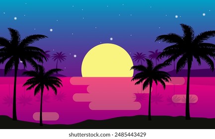 Scenery beach at sunset with sun and palm silhouette