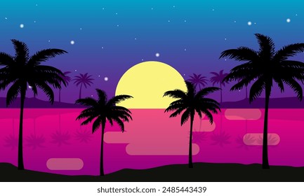 Scenery beach at sunset with sun and palm silhouette
