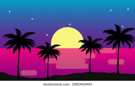 Scenery beach at sunset with sun and palm silhouette