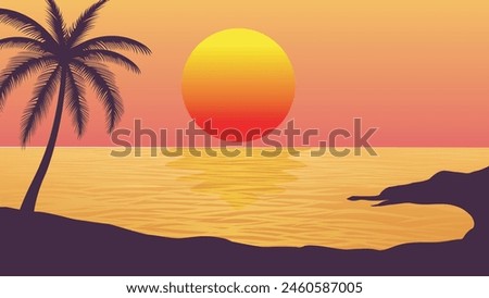Scenery beach at sunset with sun and palm silhouette