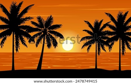 Scenery beach at sunset with sun and palm silhouette