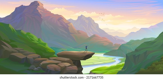 A scenery of beautiful mountains and a tourist standing above a large boulder.