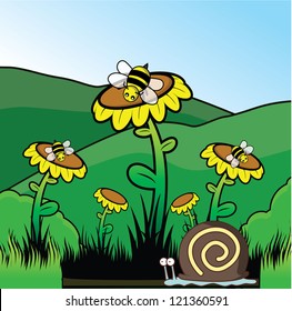 scenery with bee and sun flower