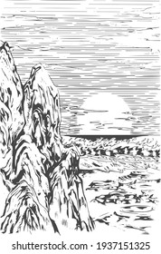 scenery black and white line work illustration. vector style monochrome artwork. mountain and sea and stone hand drawn.  