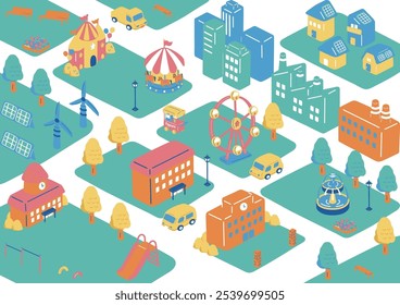 Paisagem de edifícios, parques de diversões, fábricas e áreas residenciais