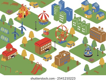 Scenery of buildings, amusement parks, factories, and residential areas