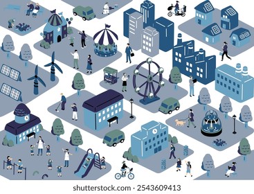 Scenery of buildings, amusement parks, factories, and residential areas