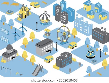 Scenery of buildings, amusement parks, factories, and residential areas