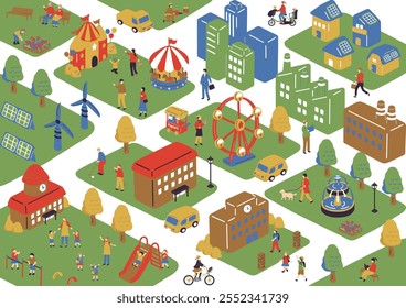 Scenery of buildings, amusement parks, factories, and residential areas