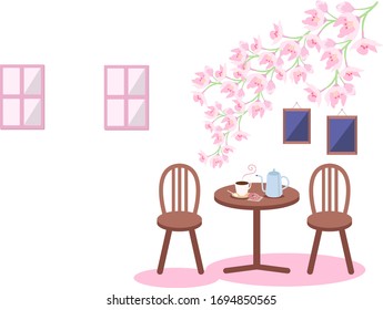 Landschaft eines Cafés mit Kirschblüten