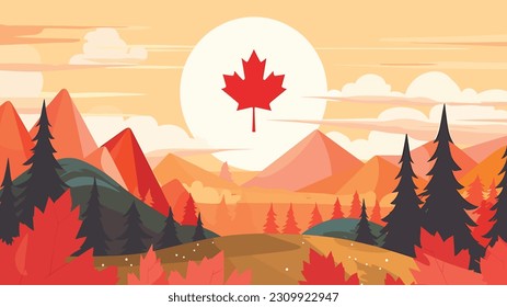 Scenery of Canada, Mountain View, Autumn, Happy Canada Day, Vector Illustration