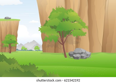 Scenery of Canyon in the Middle of Meadow with Mountains Background Vector Illustration.