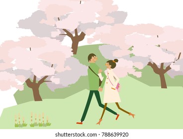 Scenery of cherry blossoms. A couple walking. Spring clip art. 
Illustration of the season.
