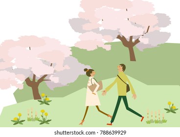 Scenery of cherry blossoms. A couple walking. Spring clip art. 
Illustration of the season.
