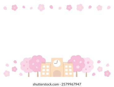 The scenery of cherry blossoms in spring and the school building.