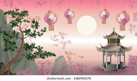 The scenery in Chinese style, consisting of trees, mountains, Chinese pavilion and Chinese lanterns are beautiful, soft background images-vector